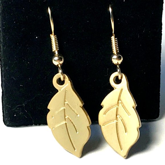 Gold Fall Leaf Earrings Autumn Tree Leaves Thanksgiving Halloween Harvest Plated - Picture 3 of 8